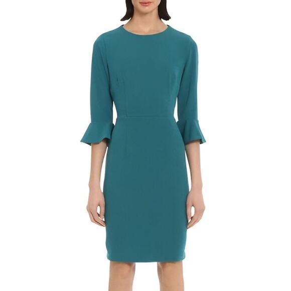 Donna Morgan Dress Bell Sleeve Sheath Knee Length Shaded Spruce Blue Green 8 - Picture 1 of 9